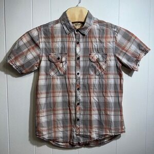 Jeremiah Mens Short Sleeve Plaid Button Down Shirt Rust Grey Cotton Size M